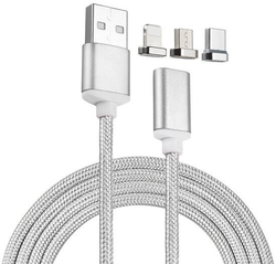NTL NTL77CC 3v1 USB-C, Lightning, MicroUSB magnetický opletený nabíjecí a datový kabel premium stříbrný